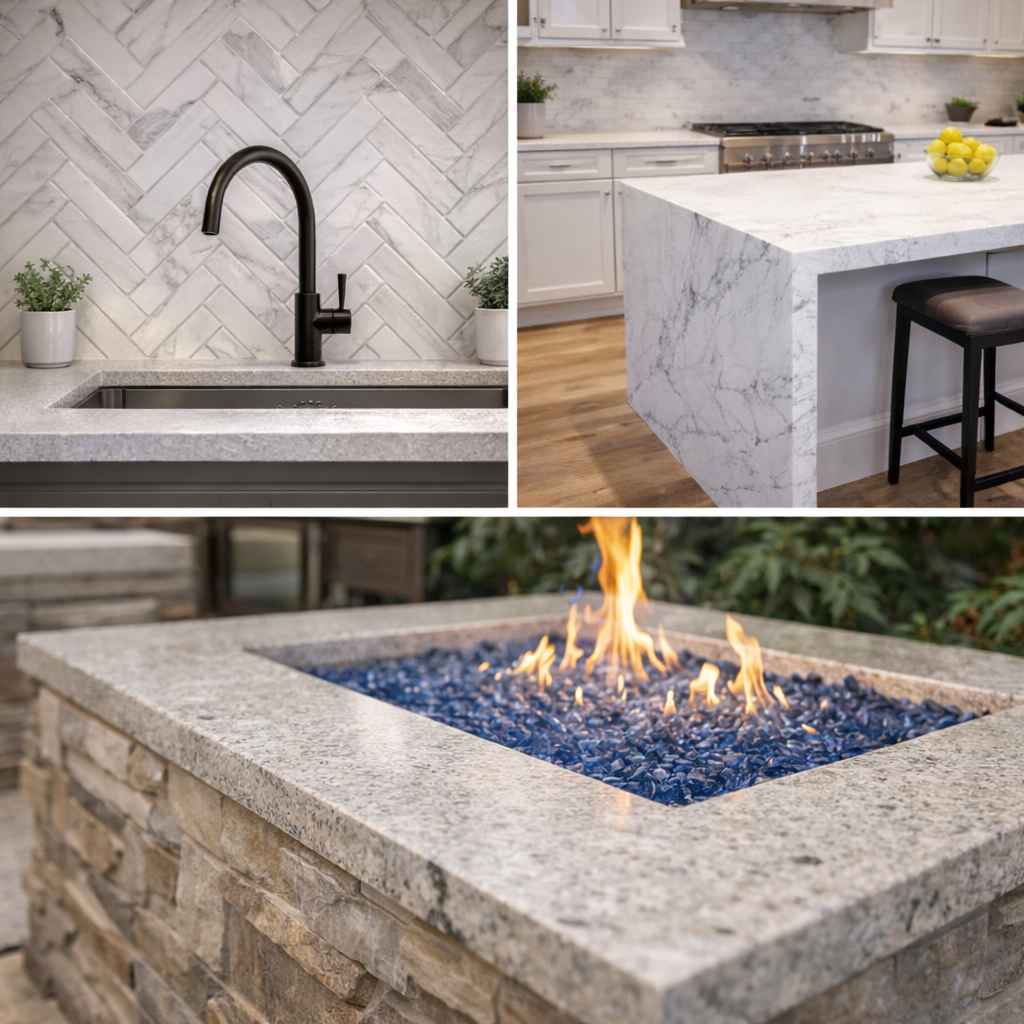 Backsplashes, waterfall legs and custom stone projects by Calgary Immaculate Granite