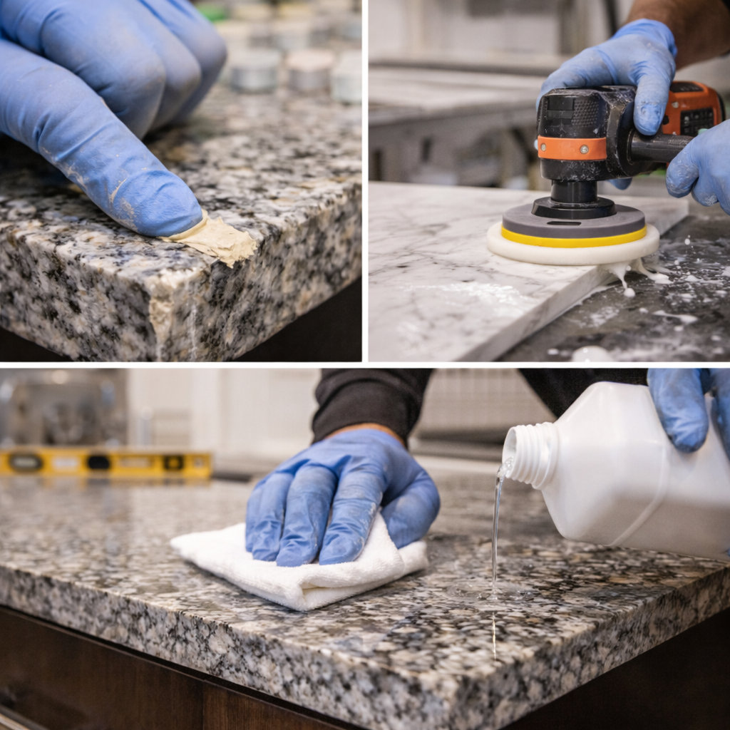 Granite and quartz countertop repairs, refinishing and resealing services